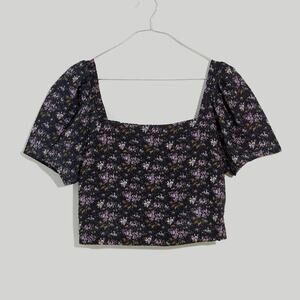 Madewell Hopewell NWOT Puff-Sleeve Black Smocked Crop Top in Blurred Ikat Small